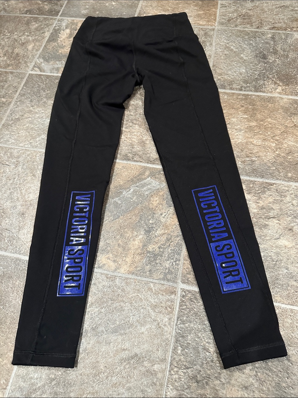 Victoria Sport Black Leggings with Blue Logo Panels, Like NEW